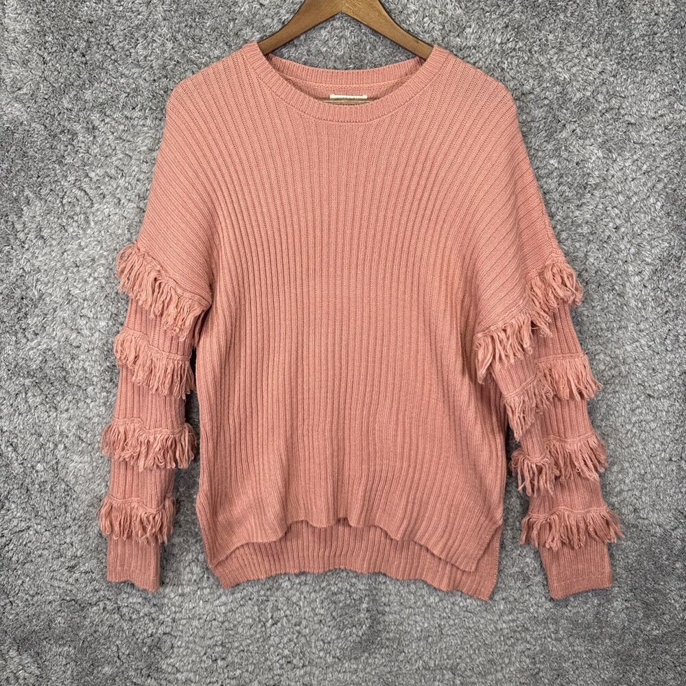 Kate & Sam Knit Sweater Salmon Coral Pink XL Fringe Sleeve Ribbed Boho